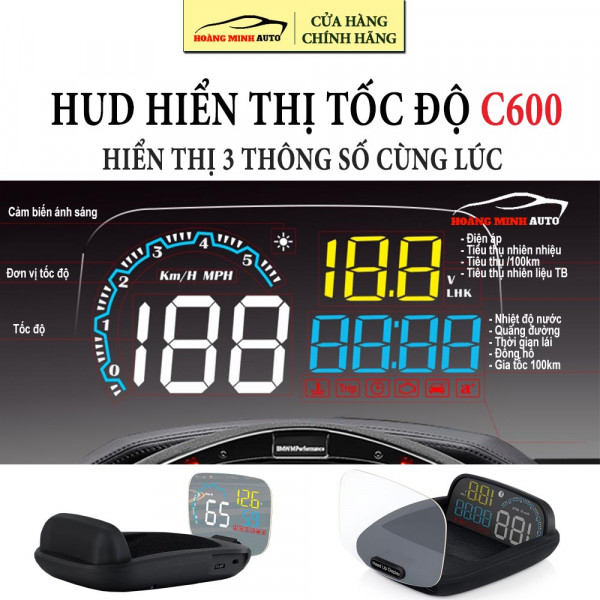 Hud hiển thị tốc độ xe ô tô và cảnh báo C600 - tặng kèm dây cable OBD2